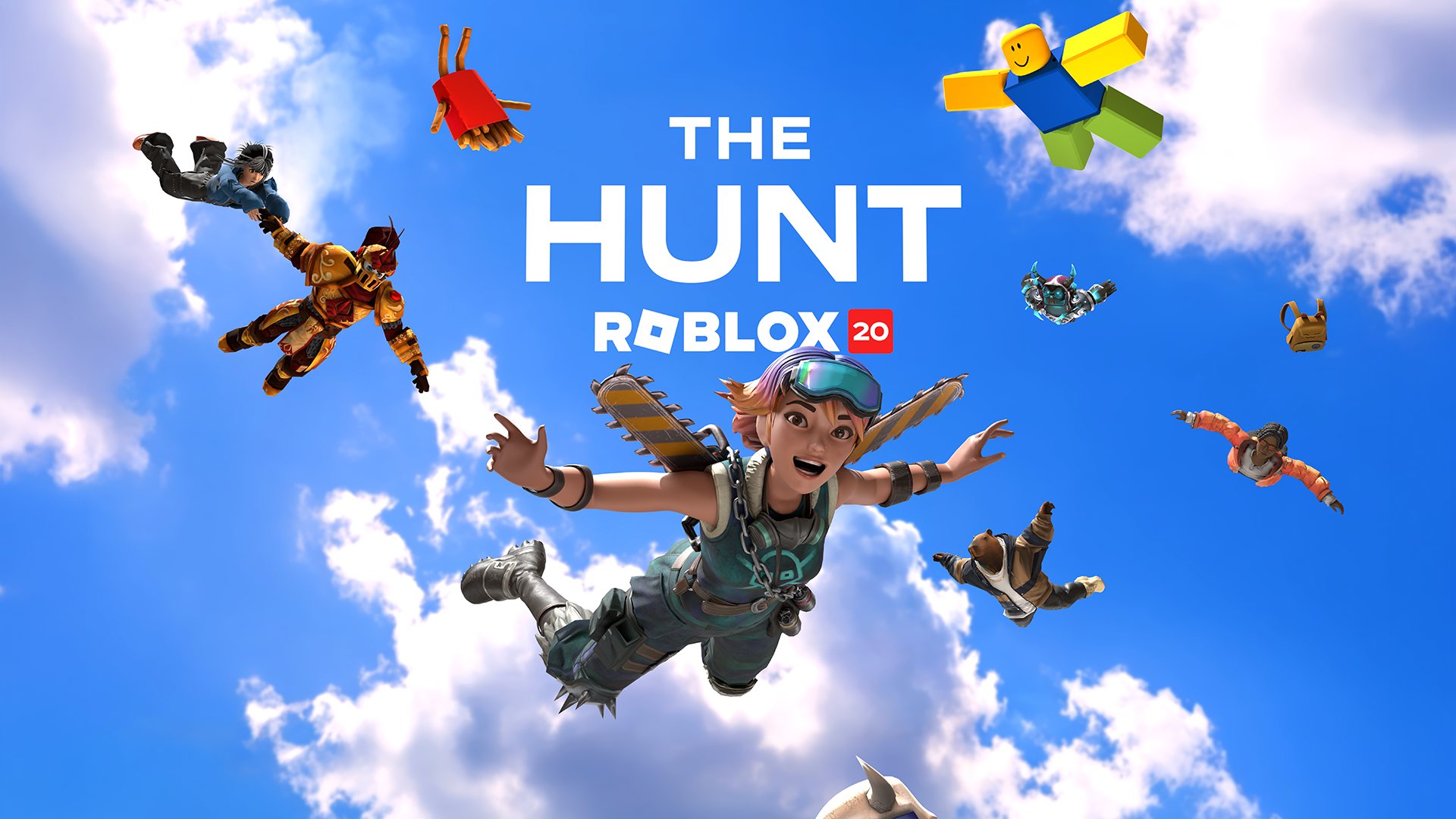 Official The Hunt: Roblox 20 key art showing Roblox avatars free-falling through a bright blue sky