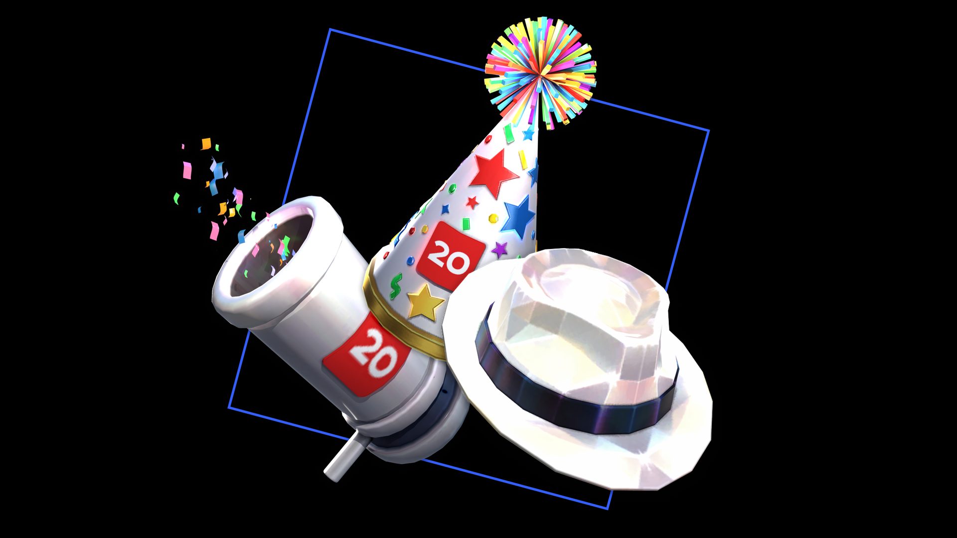 Official 20th anniversary UGC items: a party hat, a party popper and a white hat